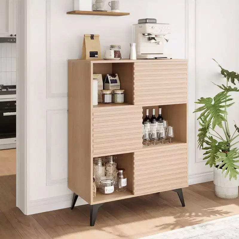 Mobile contenitore Mid-Century Modern con ante, mobiletto portaoggetti a 3 ripiani in legno per soggiorno e sala da pranzo