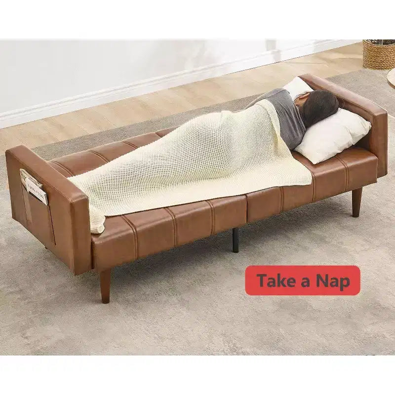Divano Letto Futon 75 Mid-Century, Divano Letto Trasformabile in Pelle PU con Schienale Regolabile, Divanetto e Tasche Laterali per Soggiorno e Camera da Letto