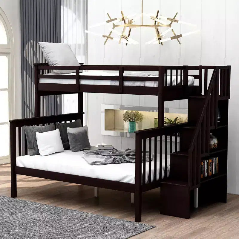Stairway Twin over Full Size Bunk Bed with Storage and Guard Rail for Bedroom