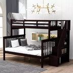Stairway Twin over Full Size Bunk Bed with Storage and Guard Rail for Bedroom