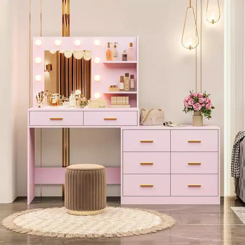 61 Scrivania da Trucco, 3 Modalità di Illuminazione con Luminosità Regolabile, Toeletta con 8 Ampie Cassetti Portaoggetti e 2 Ripiani per la Camera da Letto