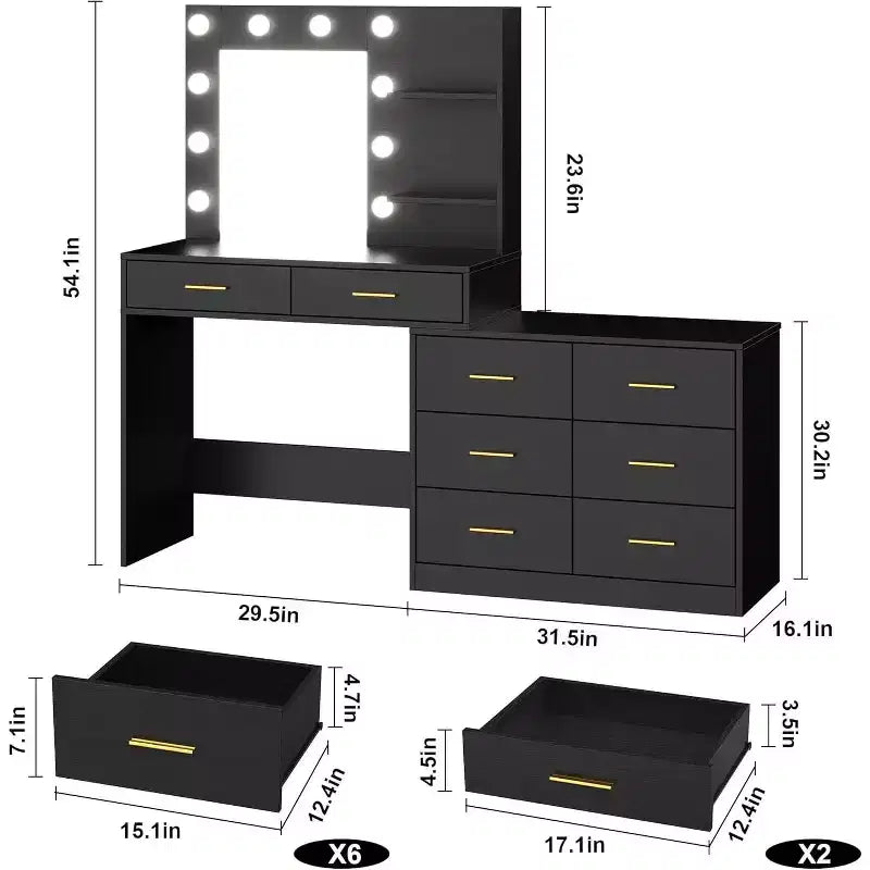 61 Scrivania da Trucco, 3 Modalità di Illuminazione con Luminosità Regolabile, Toeletta con 8 Ampie Cassetti Portaoggetti e 2 Ripiani per la Camera da Letto