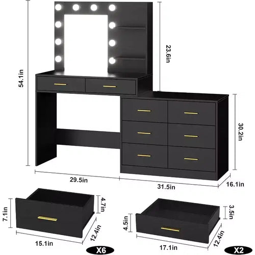 Coiffeuse 61cm, 3 Modes d'Éclairage avec Luminosité Réglable, Coiffeuse avec 8 Grands Tiroirs de Rangement et 2 Étagères pour Chambre à Coucher