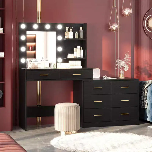 61 Make Up Vanity Desk, 3 Lighting Modes with Adjustable Brightness, Vanity with 8 Wide Storage Drawers & 2 Tier Shelves for Bedroom