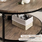 Tavolino da caffè rotondo 34,5"/30,5" con ripiano portaoggetti a 2 livelli - Marrone effetto legno rustico, struttura in metallo (Soggiorno/Reception)