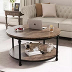 Tavolino da caffè rotondo 34,5"/30,5" con ripiano portaoggetti a 2 livelli - Marrone effetto legno rustico, struttura in metallo (Soggiorno/Reception)