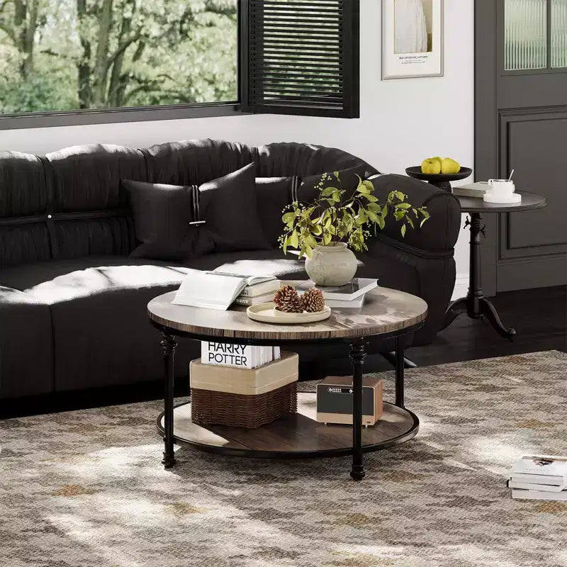 Tavolino da caffè rotondo 34,5"/30,5" con ripiano portaoggetti a 2 livelli - Marrone effetto legno rustico, struttura in metallo (Soggiorno/Reception)