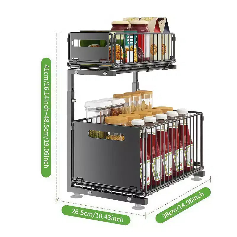 GustoWave Scaffale portaoggetti da cucina a 2 livelli in metallo estraibile, organizer sottolavello regolabile in altezza con cassetti scorrevoli in rete, nero