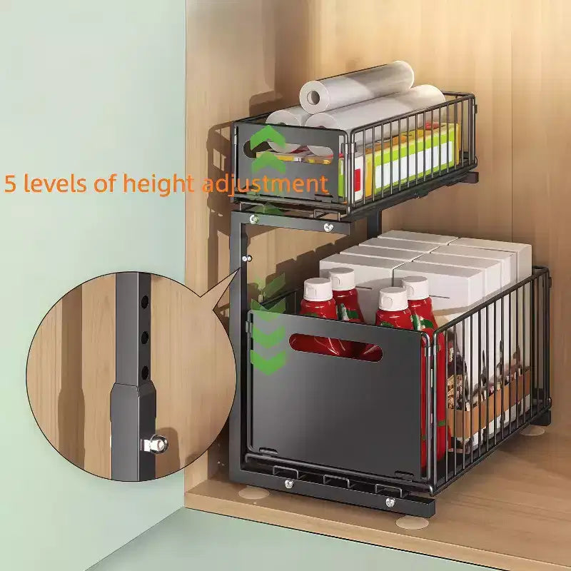 GustoWave Scaffale portaoggetti da cucina a 2 livelli in metallo estraibile, organizer sottolavello regolabile in altezza con cassetti scorrevoli in rete, nero