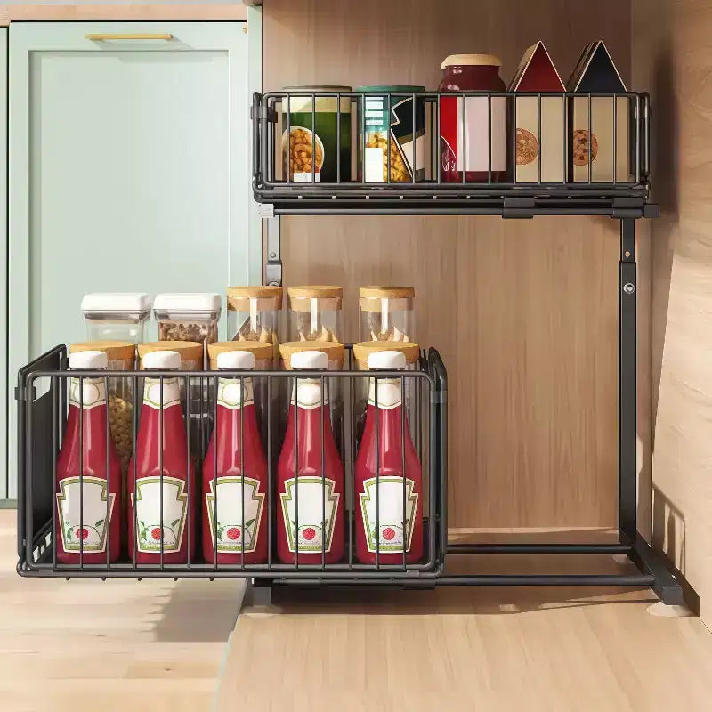 GustoWave Scaffale portaoggetti da cucina a 2 livelli in metallo estraibile, organizer sottolavello regolabile in altezza con cassetti scorrevoli in rete, nero