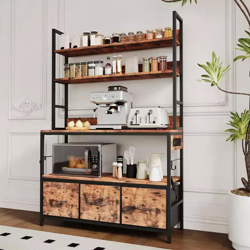 Mobile da Cucina a 5 Ripiani Marrone Vintage con Stazione di Ricarica e Cassetti C Scaffale Industriale per Microonde/Coffee Bar Stile Farmhouse per Cucina/Ufficio