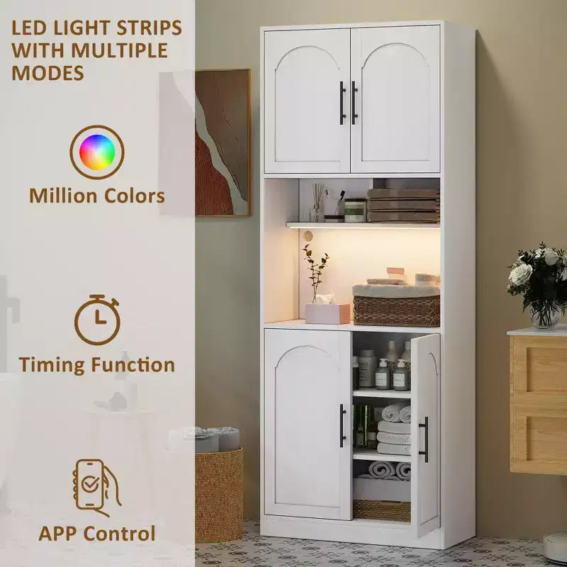 Dispensa con luce a LED, 71" Credenza da Cucina con Supporto per Microonde per Sala da Pranzo e Soggiorno