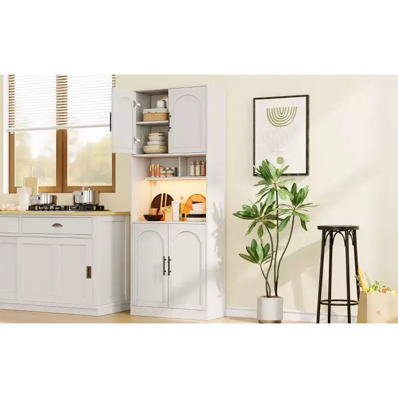 Dispensa con luce a LED, 71" Credenza da Cucina con Supporto per Microonde per Sala da Pranzo e Soggiorno