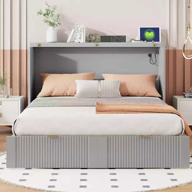 Letto a scomparsa matrimoniale/queen con cassetto, prese e porte USB, letto pieghevole a muro con armadio - ModernLuxe