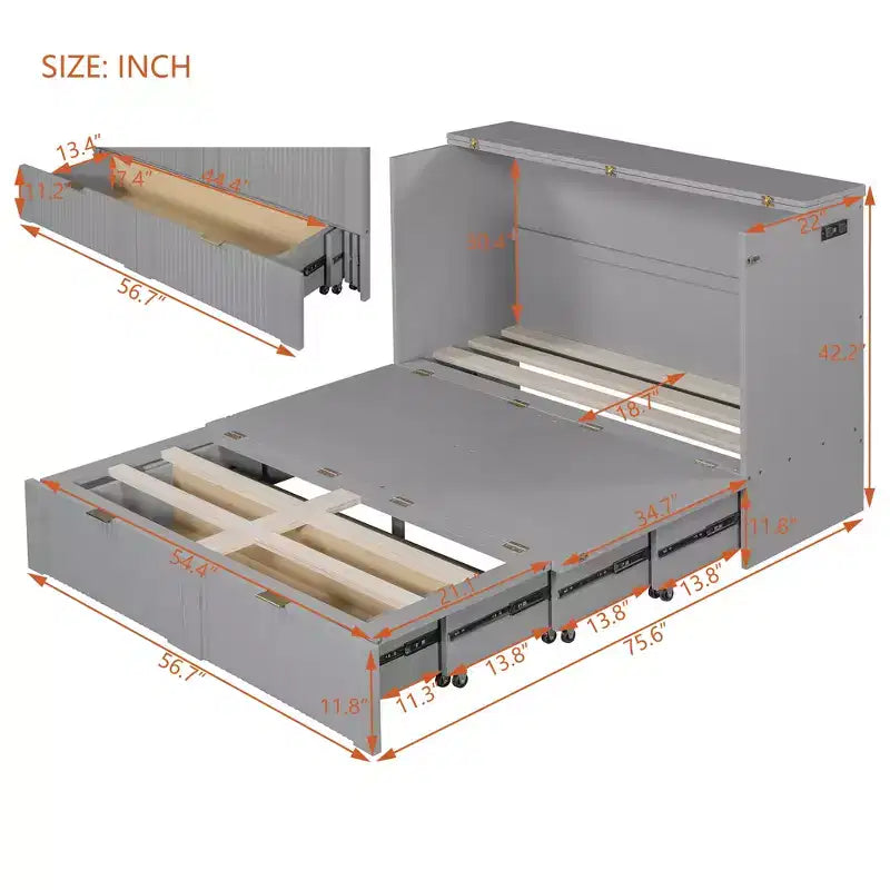 Letto a scomparsa matrimoniale/queen con cassetto, prese e porte USB, letto pieghevole a muro con armadio - ModernLuxe