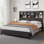 King Size Bed Frame with Bookcase Headboard, Tall Wooden Bed Headboard Frame, Under Bed Storage Space, No Box Spring Needed, Black