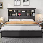 Struttura letto king-size con testiera libreria, testiera alta in legno, spazio contenitore sotto il letto, nessuna molla necessaria, nero