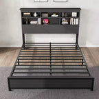 Struttura letto king-size con testiera libreria, testiera alta in legno, spazio contenitore sotto il letto, nessuna molla necessaria, nero