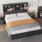 Struttura letto king-size con testiera libreria, testiera alta in legno, spazio contenitore sotto il letto, nessuna molla necessaria, nero