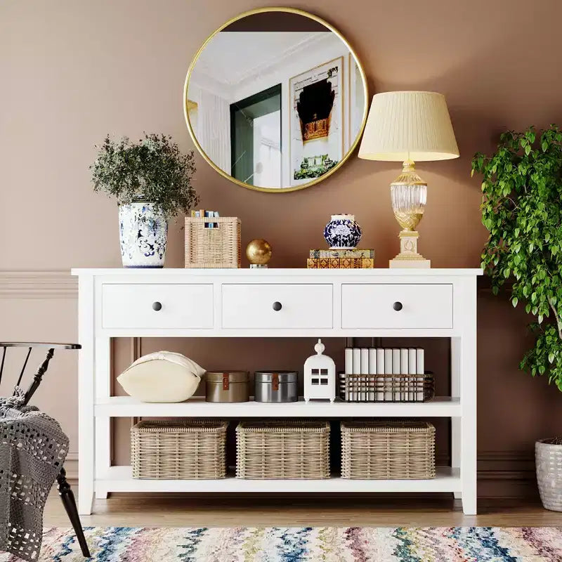 Consolle Bellemave dal design retrò con due ripiani aperti, struttura e gambe in legno massello di pino per soggiorno (bianco anticato)