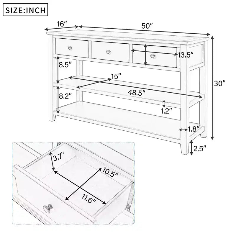 Consolle Bellemave dal design retrò con due ripiani aperti, struttura e gambe in legno massello di pino per soggiorno (bianco anticato)