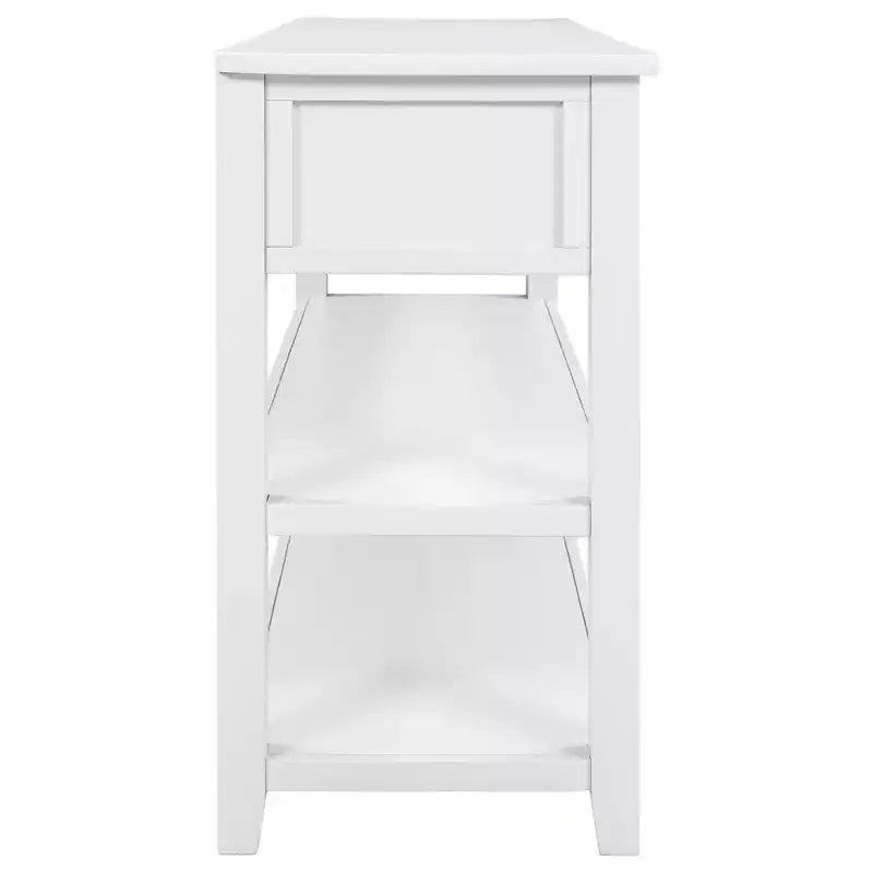 Consolle Bellemave dal design retrò con due ripiani aperti, struttura e gambe in legno massello di pino per soggiorno (bianco anticato)