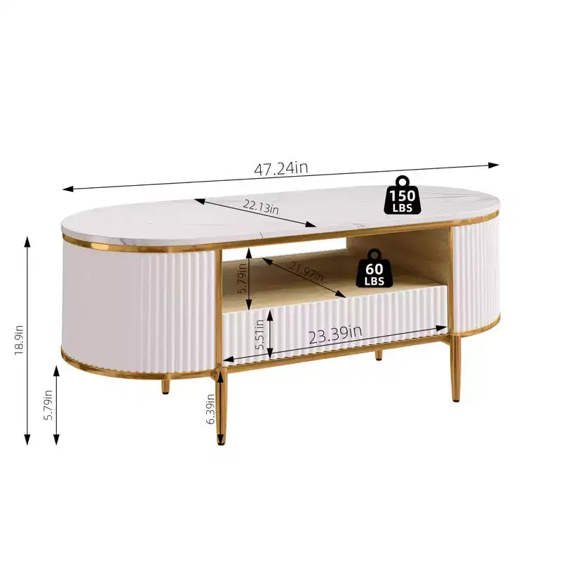 Tavolino da salotto moderno di lusso, ovale scanalato da 120 cm con cassetti scorrevoli e gambe in metallo dorato, piano in finto marmo, tavolo centrale minimalista per soggiorno