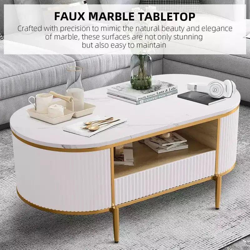 Tavolino da salotto moderno di lusso, ovale scanalato da 120 cm con cassetti scorrevoli e gambe in metallo dorato, piano in finto marmo, tavolo centrale minimalista per soggiorno