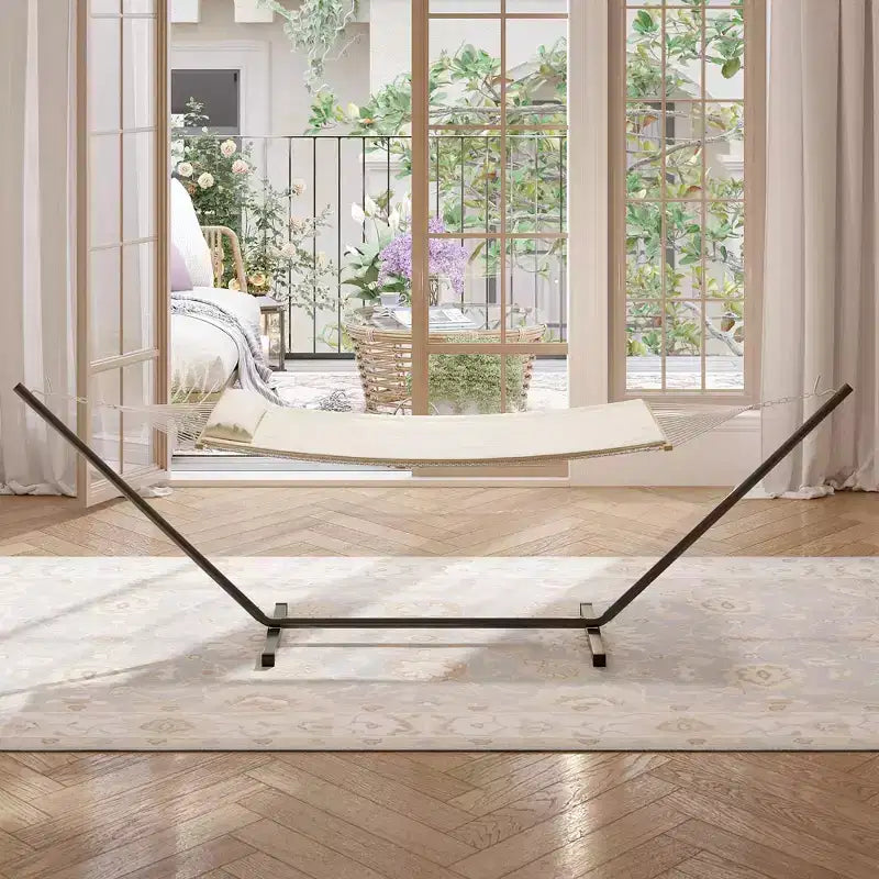 Amaca Doppia COZONY con Supporto in Acciaio Salvaspazio, Amaca in Corda di Cotone per 2 Persone con Cuscino e Tappetino Imbottito, Portatile per Cortile, Patio, Giardino