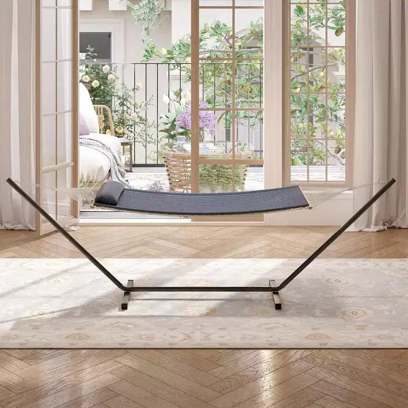 Amaca Doppia COZONY con Supporto in Acciaio Salvaspazio, Amaca in Corda di Cotone per 2 Persone con Cuscino e Tappetino Imbottito, Portatile per Cortile, Patio, Giardino