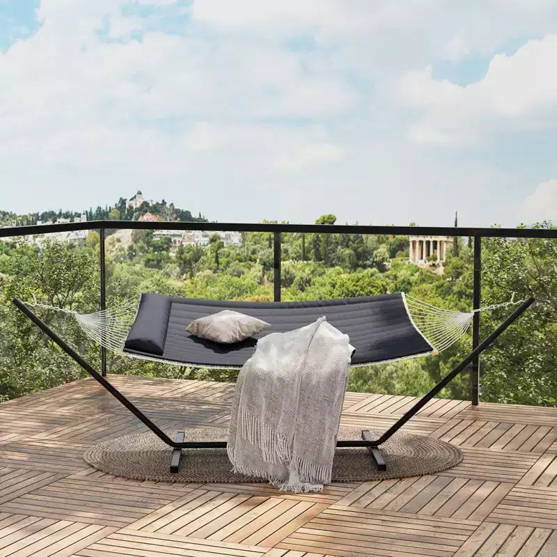 COZONY Double Hammock with Space Saving Steel Stand, 2 Person Cotton Rope Hammock with Pillow & Padded Pad, Portable for Backyard, Patio, Garden