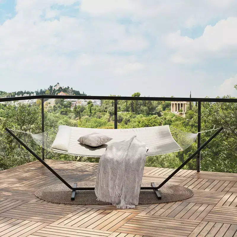 Amaca Doppia COZONY con Supporto in Acciaio Salvaspazio, Amaca in Corda di Cotone per 2 Persone con Cuscino e Tappetino Imbottito, Portatile per Cortile, Patio, Giardino