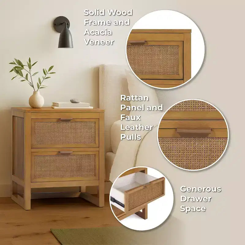 Comodino con 2 cassetti Hatteras Modern Boho con legno massello e dettagli in rattan naturale - Teamson Home