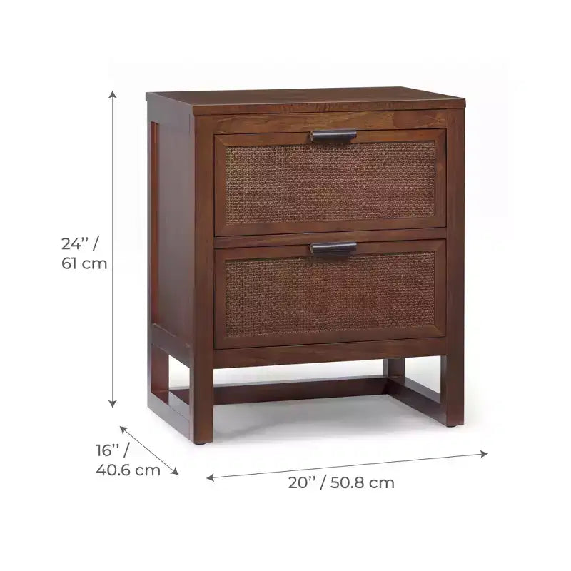 Comodino con 2 cassetti Hatteras Modern Boho con legno massello e dettagli in rattan naturale - Teamson Home