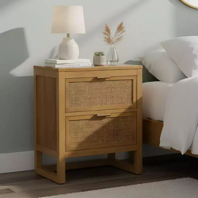 Comodino con 2 cassetti Hatteras Modern Boho con legno massello e dettagli in rattan naturale - Teamson Home