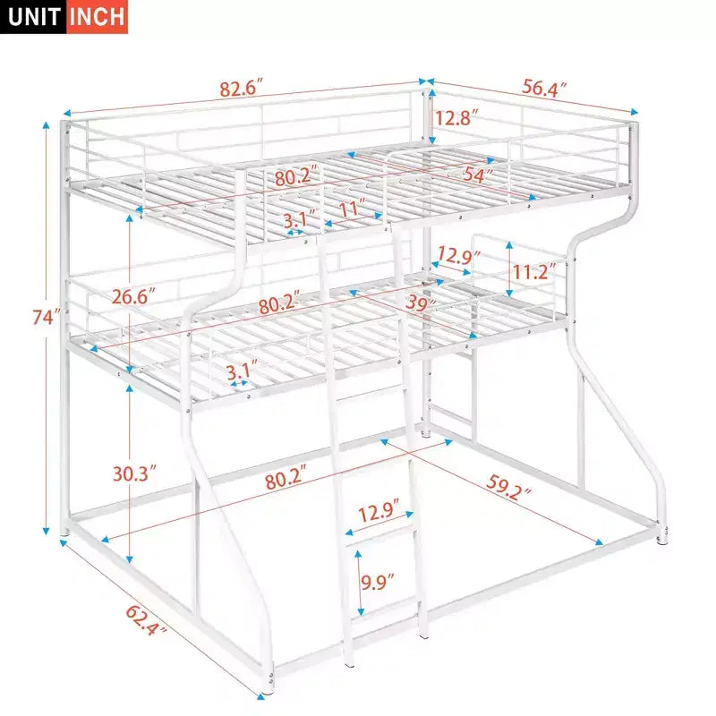 Letto a castello triplo Okak Full over Twin over Queen Size, letti a castello per bambini per impieghi gravosi con 2 scale, strutture letto per camera da letto, dormitorio