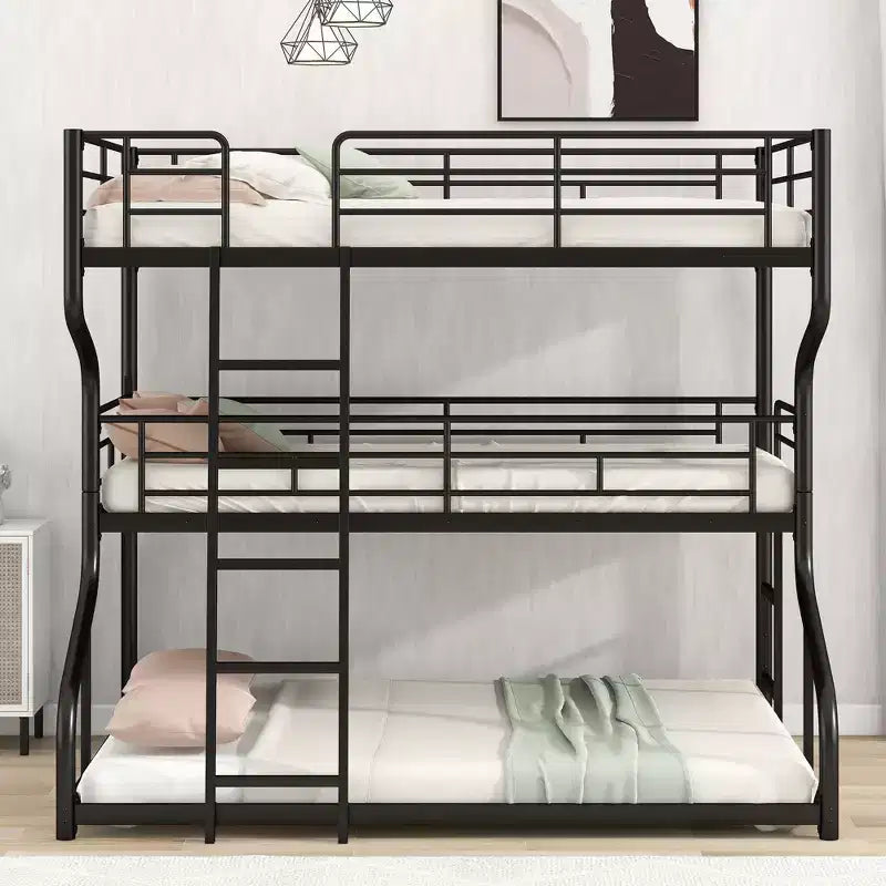 Letto a castello triplo Okak Full over Twin over Queen Size, letti a castello per bambini per impieghi gravosi con 2 scale, strutture letto per camera da letto, dormitorio