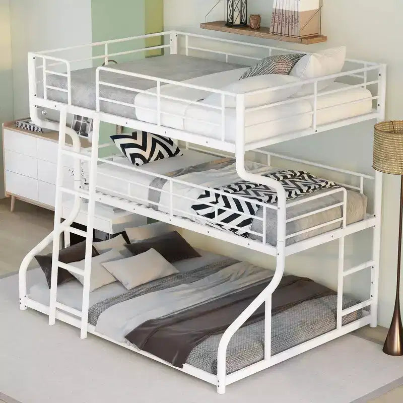 Letto a castello triplo Okak Full over Twin over Queen Size, letti a castello per bambini per impieghi gravosi con 2 scale, strutture letto per camera da letto, dormitorio