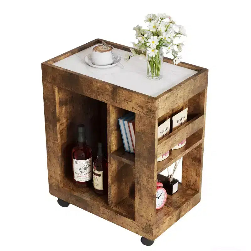 Mobile Bar Rustico Homy Casa con Piano in Marmo e Ruote, Marrone Carrello Contenitore Mobile per Cucina e Soggiorno
