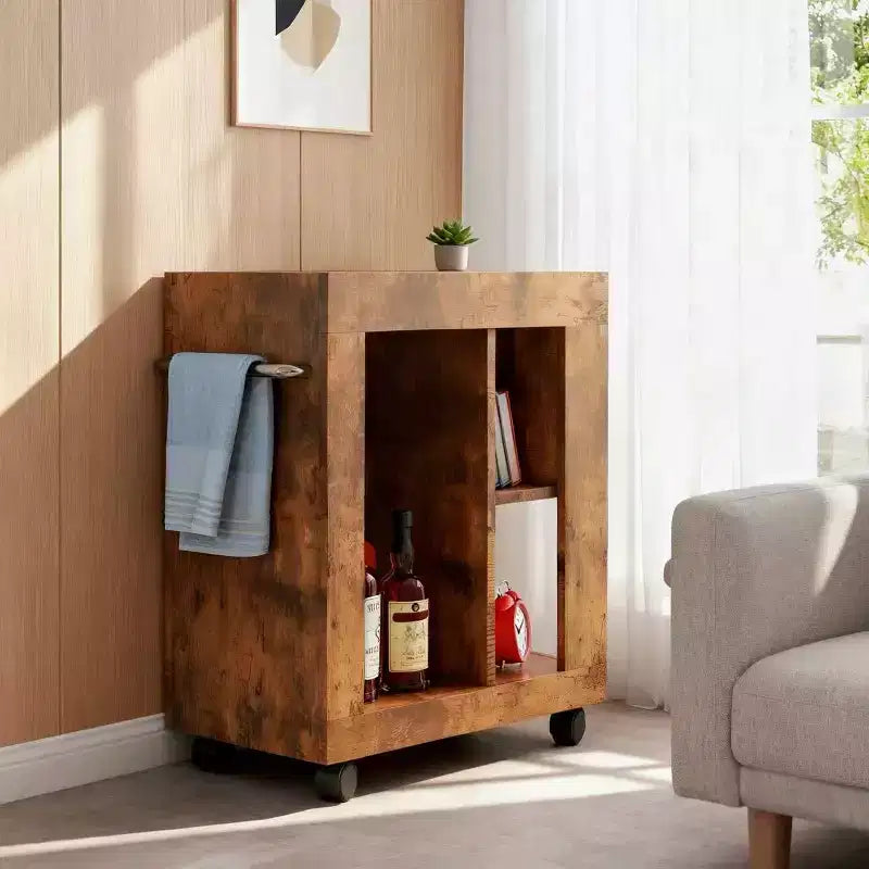 Mobile Bar Rustico Homy Casa con Piano in Marmo e Ruote, Marrone Carrello Contenitore Mobile per Cucina e Soggiorno