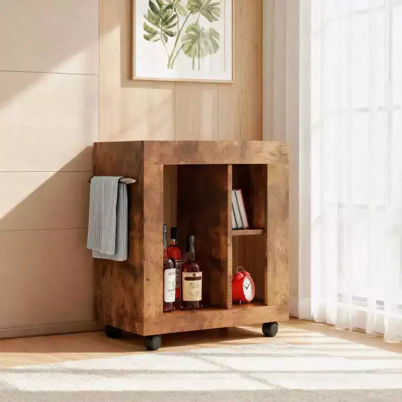 Mobile Bar Rustico Homy Casa con Piano in Marmo e Ruote, Marrone Carrello Contenitore Mobile per Cucina e Soggiorno