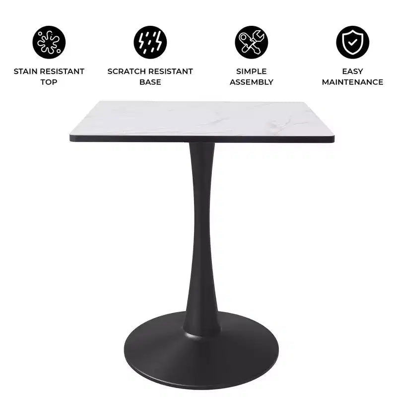 LeisureMod Bristol Tavolo da pranzo quadrato con piano in MDF e base a piedistallo in acciaio nero per cucina e sala da pranzo moderne