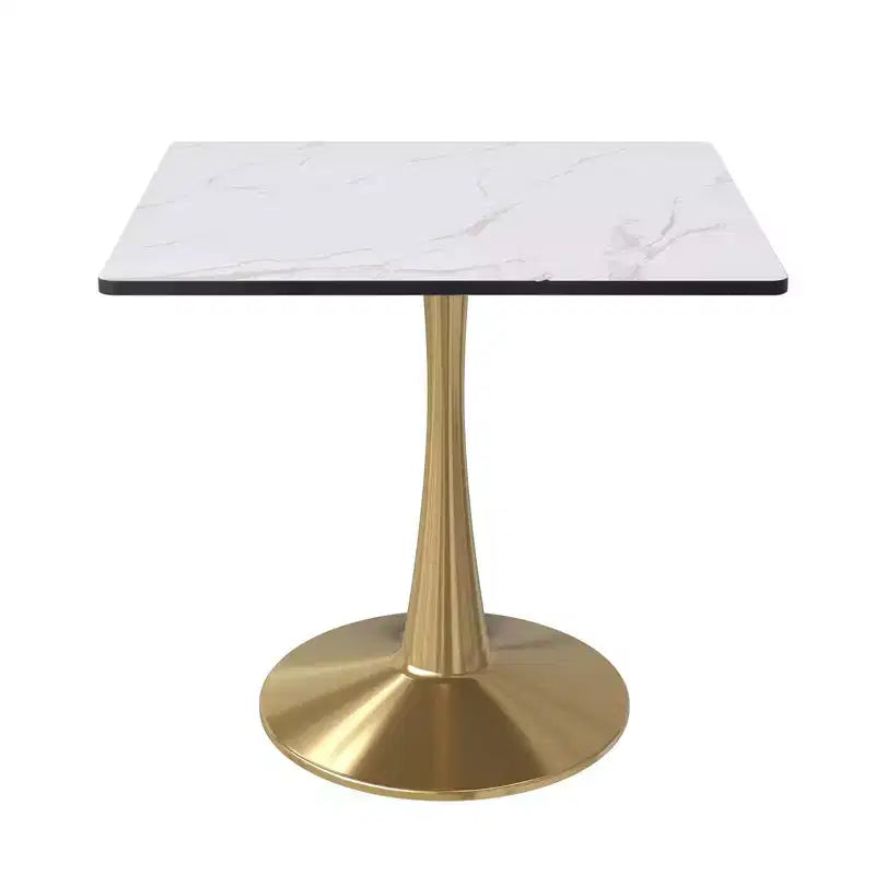 Tavolo da pranzo quadrato LeisureMod Bristol – Piano in MDF bianco marmorizzato con base a piedistallo in acciaio color oro, per cucina moderna, sala da pranzo, bar, piccoli appartamenti