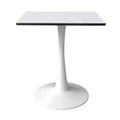 LeisureMod Bristol Square Dining Table with Marbled White MDF Top and White Steel Pedestal Base for Modern Kitchen and Dining Room