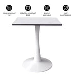 Tavolo da pranzo quadrato LeisureMod Bristol con ripiano in MDF effetto marmo bianco e base a piedistallo in acciaio bianco per cucina e sala da pranzo moderne