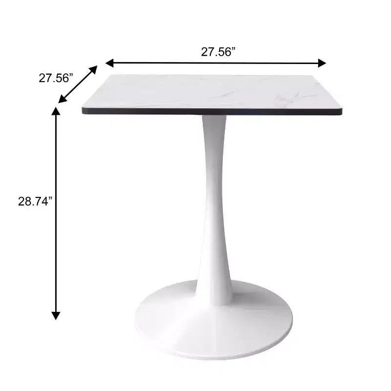Tavolo da pranzo quadrato LeisureMod Bristol con ripiano in MDF effetto marmo bianco e base a piedistallo in acciaio bianco per cucina e sala da pranzo moderne