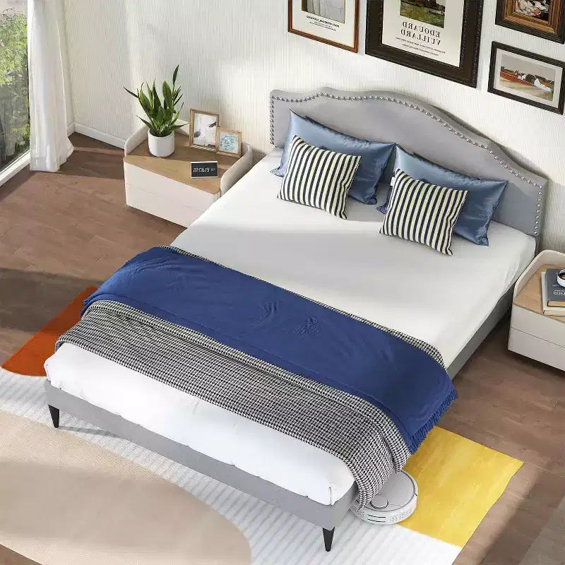 Struttura letto imbottita BestMassage con testiera, base per materasso in tessuto, nessun sommier richiesto (grigio, queen size)