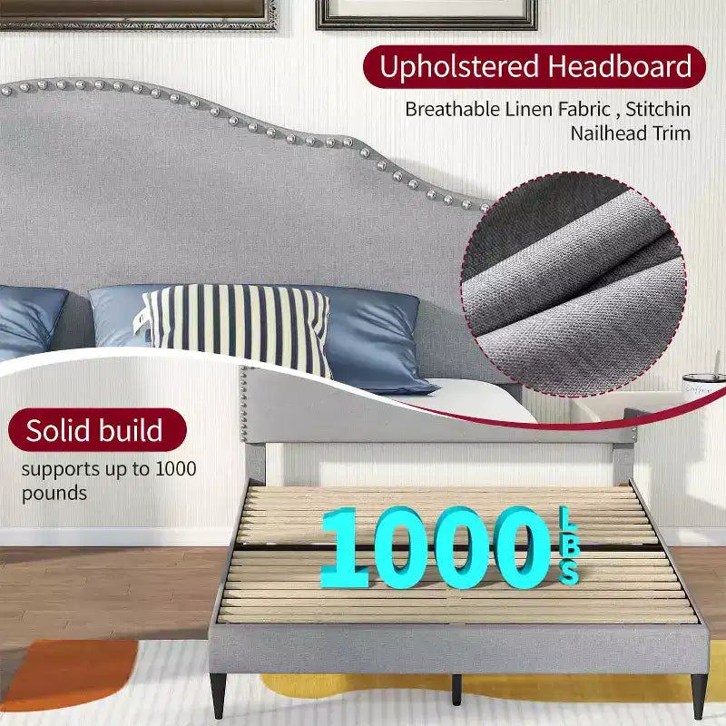 Struttura letto imbottita BestMassage con testiera, base per materasso in tessuto, nessun sommier richiesto (grigio, queen size)