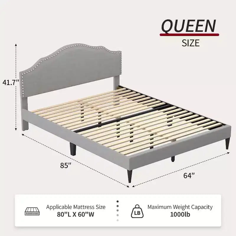 Struttura letto imbottita BestMassage con testiera, base per materasso in tessuto, nessun sommier richiesto (grigio, queen size)