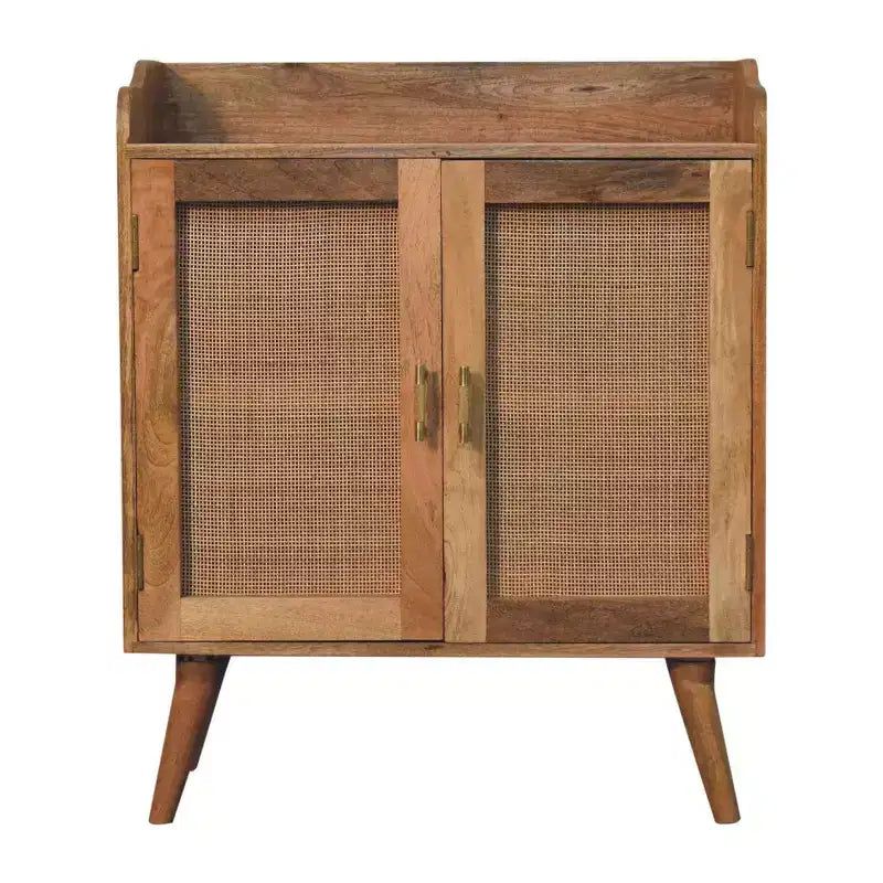 HomeRoots 35 Brown Distressed Solid Wood Inlaid Rattan Accent Cabinet With Two Doors